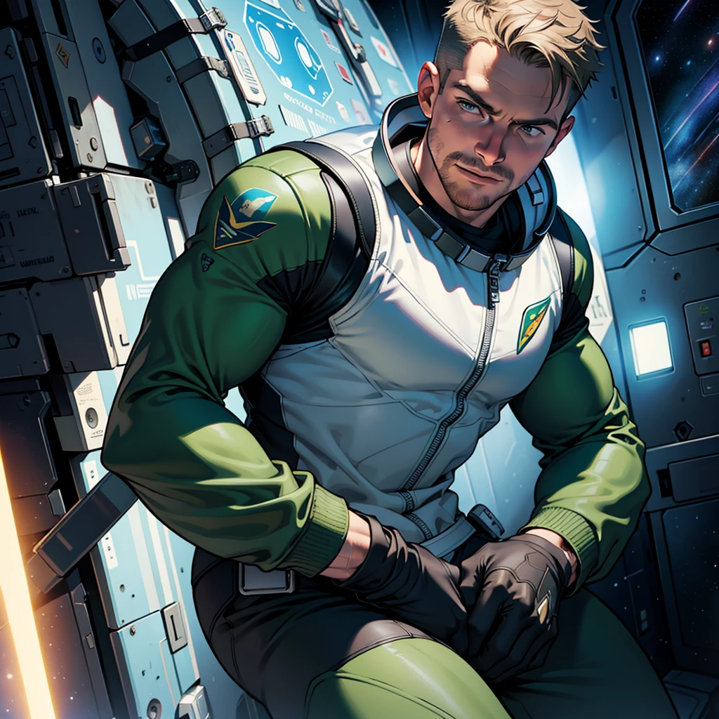 32k,masterpiece, best quality, detailed face, natural eyes,1man, solo mature man, muscled and mature, stephen amell as an astronaut wearing future space suit, dark green suit, showing muscles and bulge ,floating in the space inside a space shuttle , with "arrow" text and logo on his suit ,  full body, intricate Detailed background 