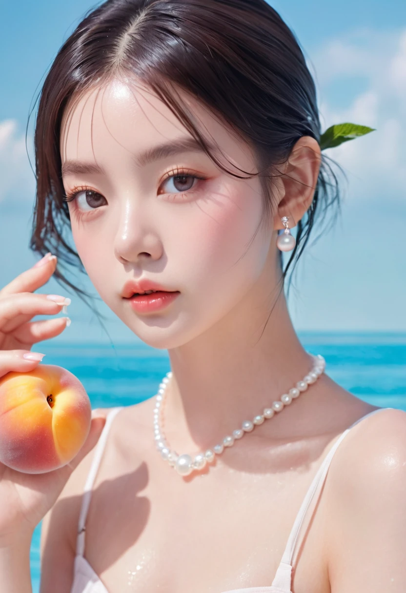 Summer Peach Girl,Dopamine s, Cool summer days,ice cube,Watery Girl,Delicate skin,Hydration,Shiny,Shiny,dream,Front view,bust,Pearl,Peach fruit,pink