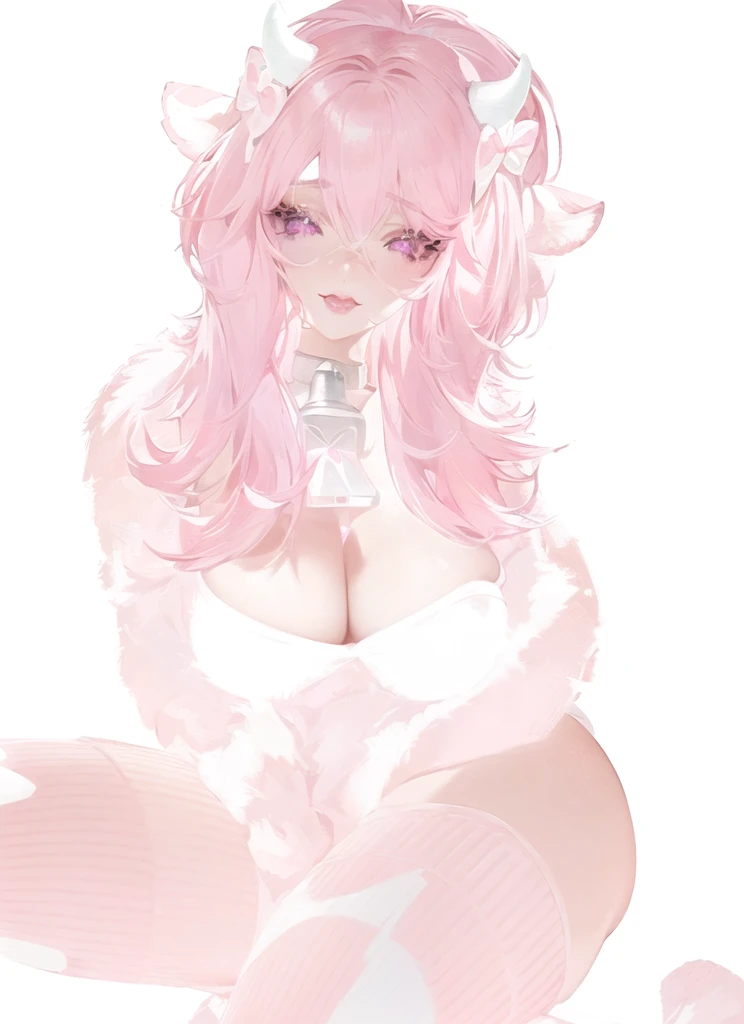 IMVU, pink hair, pink heart eyes, pale skin, long eyelashes. white and pink cow ears, white horns with pink bows, fuzzy white jacket with pink spots, pink cowbell choker, kawaii, soft, high quality, masterpiece, 8k, detailed face