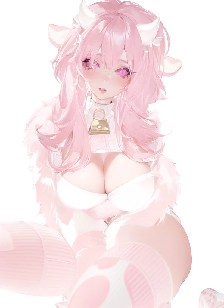 IMVU, pink hair, pink heart eyes, pale skin, long eyelashes. white and pink cow ears, white horns with pink bows, fuzzy white jacket with pink spots, pink cowbell choker, kawaii, soft, high quality, masterpiece, 8k, detailed face