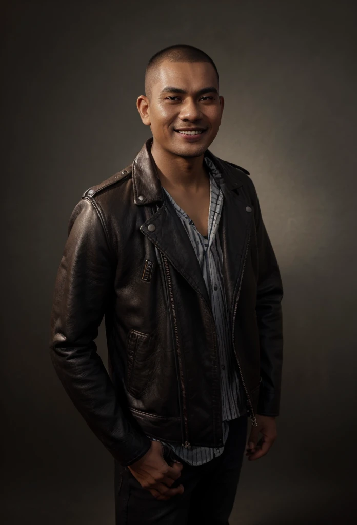 3D caricature of big head, Indonesian man, oval face shape, buzzcut, light brown skin color, slim wearing black rock n roll leather jacket, jeans shorts, wearing brown Docmart boots, hands on hips, wide smile, white background, lighting photo studio, 2k, best quality, masterpiece