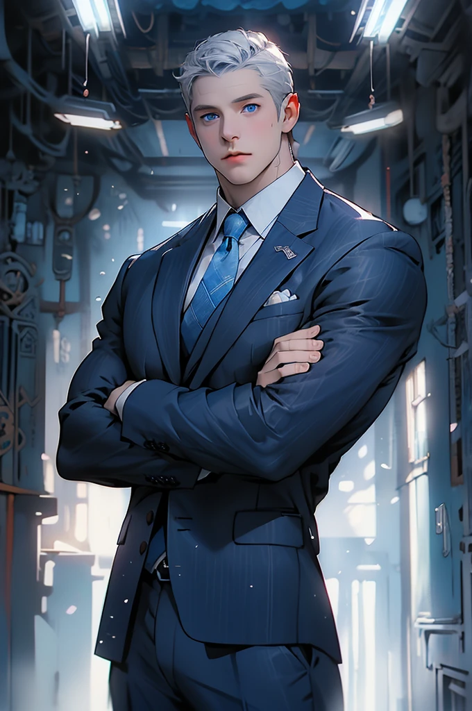 Drawing of a young Chad, Dark blue suit,tie, White shirt,Pants, Looking at the camera, male,Silver short hair,Blue Eyes,muscle,bodyguard,Light and Shadow