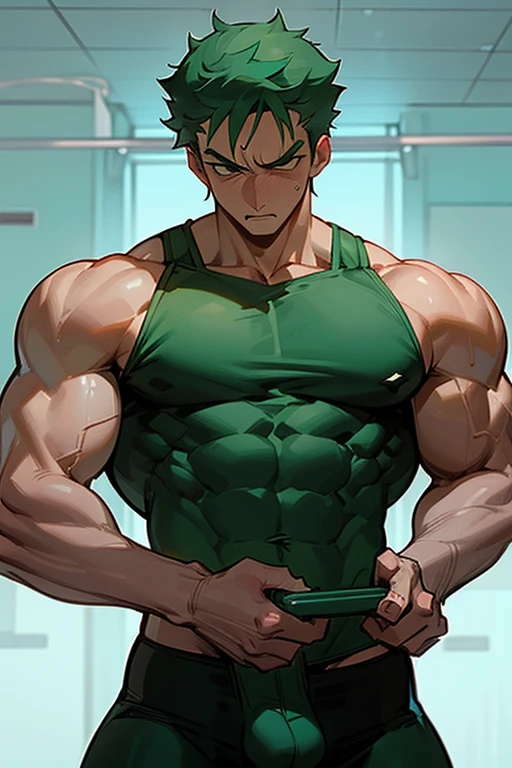Roronoa Zoro from One Piece hypnotized to lift dumbbells in a gym. Hypnosis. Sweaty. Dumb jock. Musclehead. Meathead. Bro. Brainwashing. Brainwashed. Brain to brawn. Hyper biceps. Hyper triceps. Hyper traps. Hyper pecs. broad shoulders. Hyper muscles. Huge bulging crotch. Hyper crotch bulge. Massive crotch bulge. Dumb jock bro. "Bigger and dumber.... Bigger and dumber.... Grow big ... and obey ... my coach.... Yes, Coach.... I am a dumb jock. I obey...." Mindless. brainless. IQ drain. Bodybuilder jock assimilation.