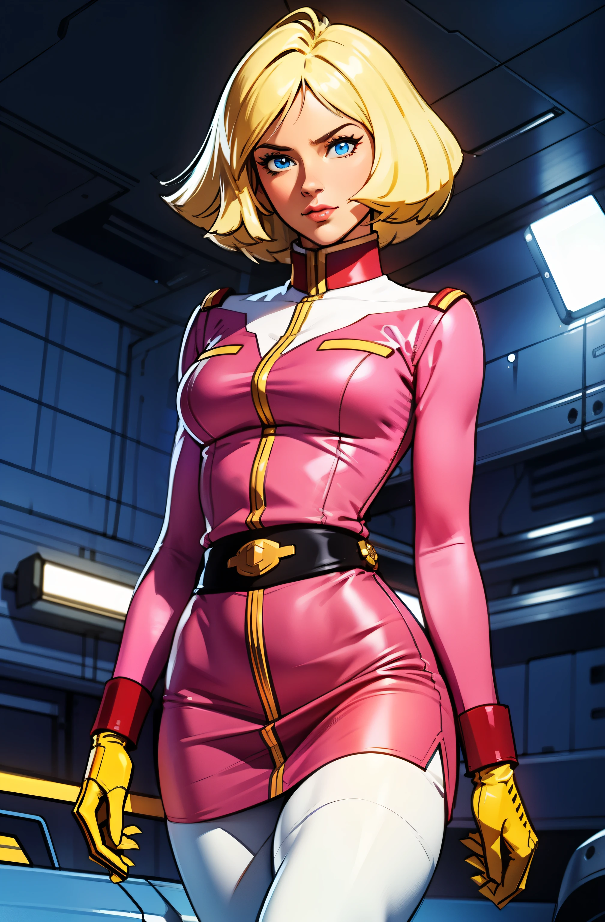 ((masterpiece)), ((cinematic lighting)), realistic photo、Real Images、Top image quality、1girl in, sayla mass, Elegant, masterpiece, Convoluted, slim arms, wide hips, thick thighs, thigh gaps, Best Quality, absurderes, high face detail, Perfect eyes, mature, Cowboy Shot, , Vibrant colors, soft pink uniform, soft pink Skirt, white tights
