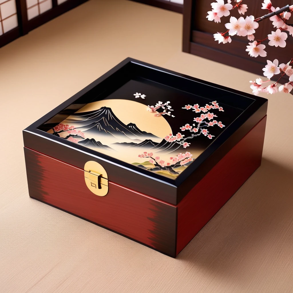 Japanese traditional「Tamate Box」Please generate an image of。Tamate Boxは、A treasure chest that appears in Japanese folk tales。In the box、Cherry Blossom、Big Mount Fuji、波などのJapanese traditional模様が施され、It has an elegant and sophisticated design。The surface is finished with lacquer.、Has a glossy appearance。The box is slightly open、It emits a soft and mysterious light.。In the background、Tatami room、Shoji screen、It depicts a classic Japanese environment with simple decoration.、It brings out the mysterious atmosphere of the ancient world.。