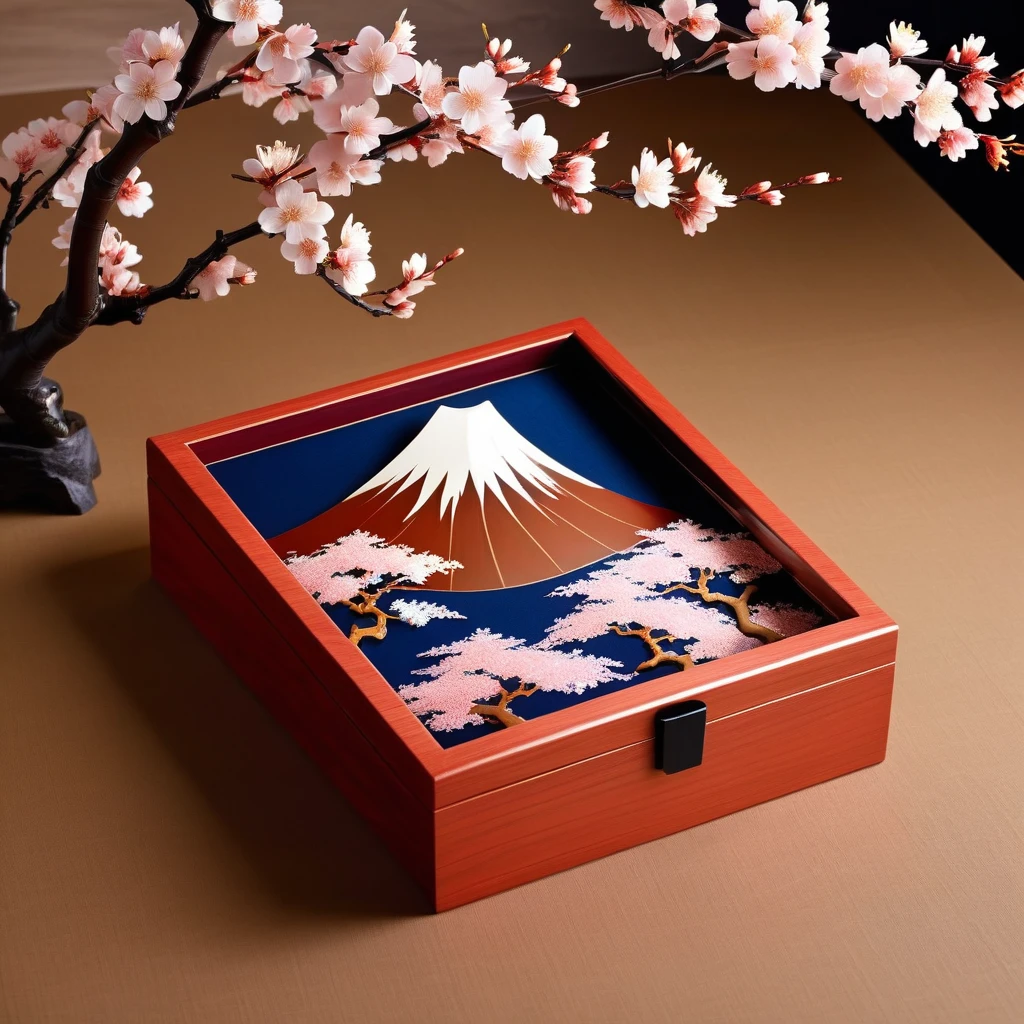 Japanese traditional「Tamate Box」Please generate an image of。Tamate Boxは、A treasure  that appears in Japanese folk tales。In the box、Cherry Blossom、Big Mount Fuji、波などのJapanese traditional模様が施され、It has an elegant and sophisticated design。The surface is finished with lacquer.、Has a glossy appearance。The box is slightly open、It emits a soft and mysterious light.。In the background、Tatami room、Shoji screen、It depicts a classic Japanese environment with simple decoration.、It brings out the mysterious atmosphere of the ancient world.。