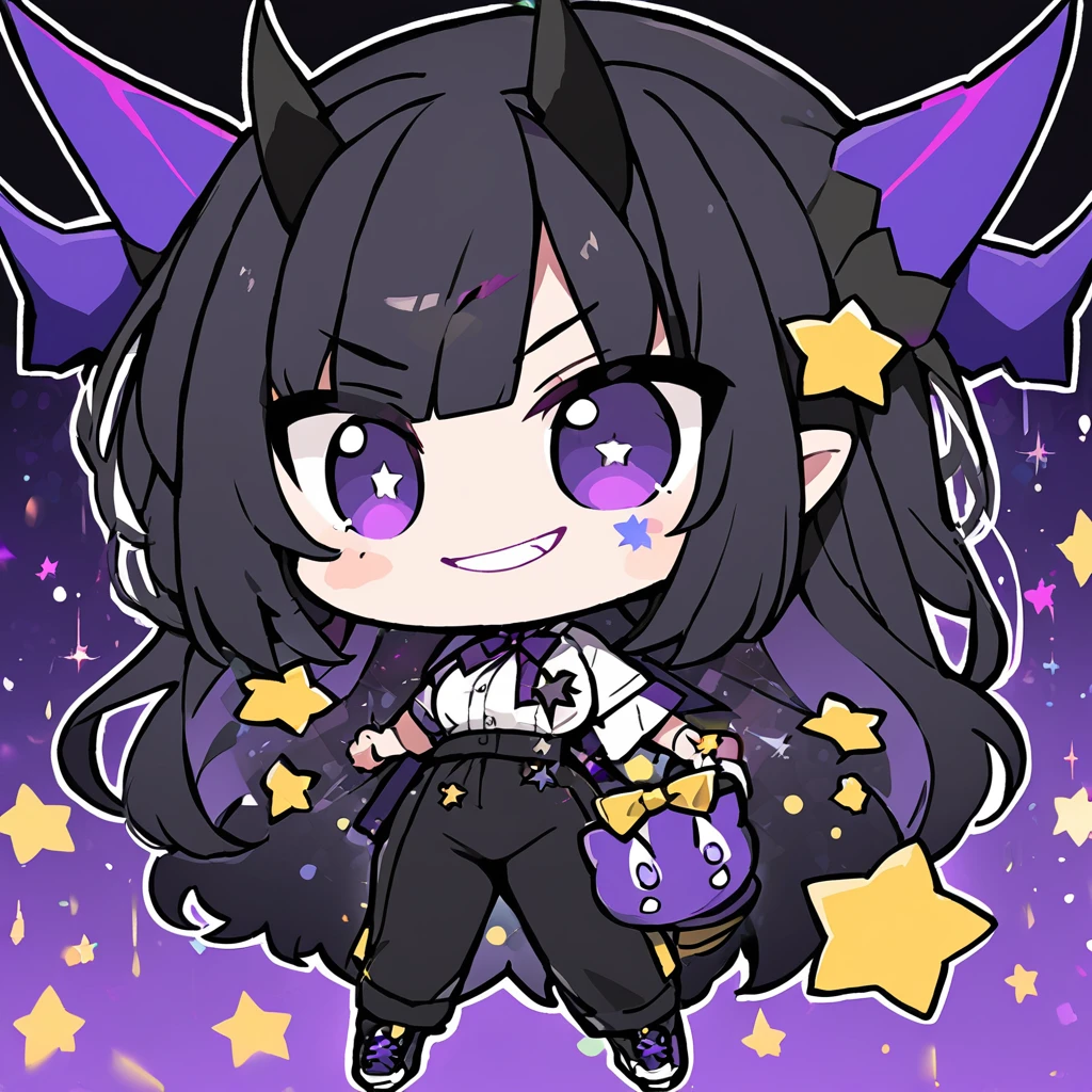 A girl with long black hair with straight bangs, with hair cut at the ends. Two large strands in the front, one bigger than the other. A rebel thread. A small white streak in your bangs. Two demon horns, one purple and one black, both with a dark purple star. one black eye and one purple eye. A purple star on your right cheek. black wide pants. All star shoe. Full white shirt with a bow tie with a star in the middle, with short sleeves. a big chest . Grinning. She is a star demon. She is standing looking at the camera. In one of his eyes a star in the black eye case, in the black eye and just black. Sex girl. Sex girl. One black eye and one purple eye. In chibi style holding a gift.