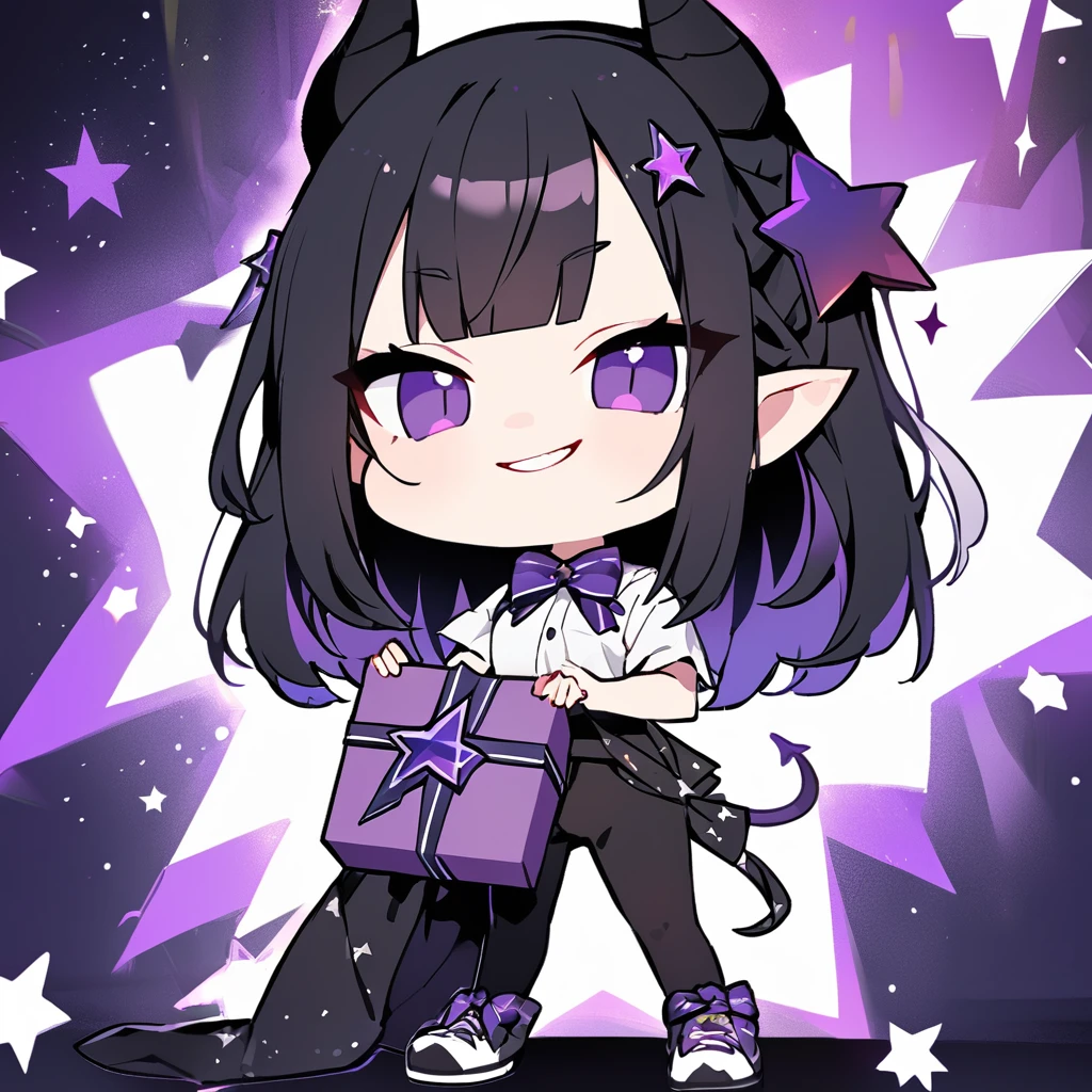 A girl with long black hair with straight bangs, with hair cut at the ends. Two large strands in the front, one bigger than the other. A rebel thread. A small white streak in your bangs. Two demon horns, one purple and one black, both with a dark purple star. one black eye and one purple eye. A purple star on your right cheek. black wide pants. All star shoe. Full white shirt with a bow tie with a star in the middle, with short sleeves.  a big chest . Grinning. She is a star demon. She is standing looking at the camera. In one of his eyes a star in the black eye case, in the black eye and just black. Sex girl. Sex girl. One black eye and one purple eye.  In chibi style holding a gift.
