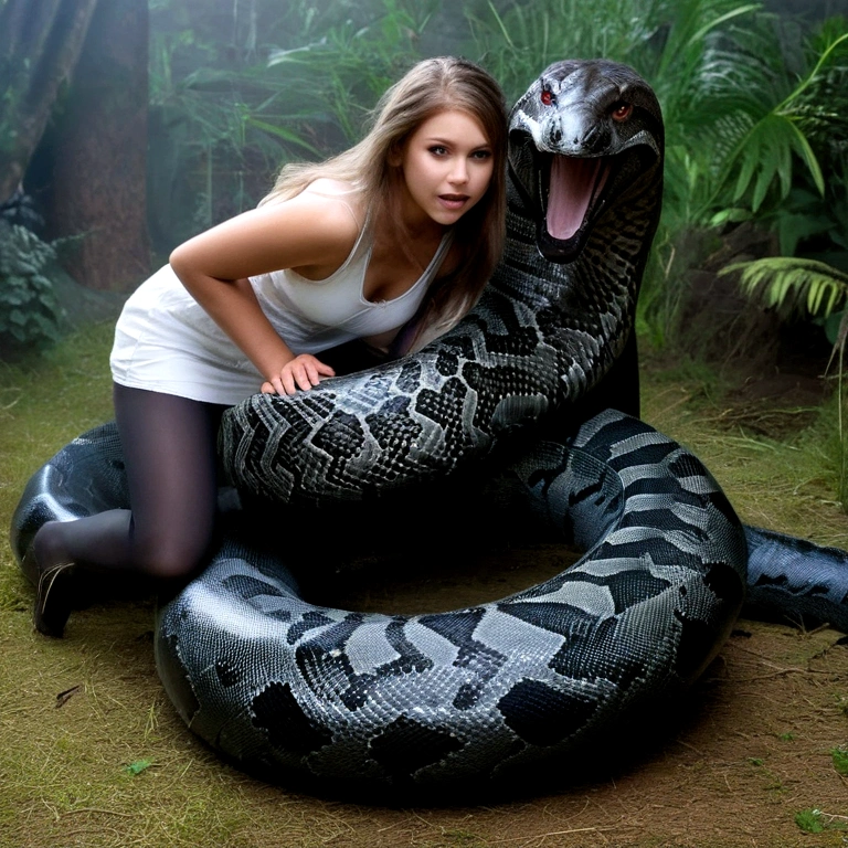  Topless Happy Horny, aroused 1girl), beautiful kneeling  girl  with  giant colossal black titanboa  squeezing her hard, wrapped in thick spiraling coils, constricted, struggle, gasping for air, snake attack, snake peril, moonless night, dim light