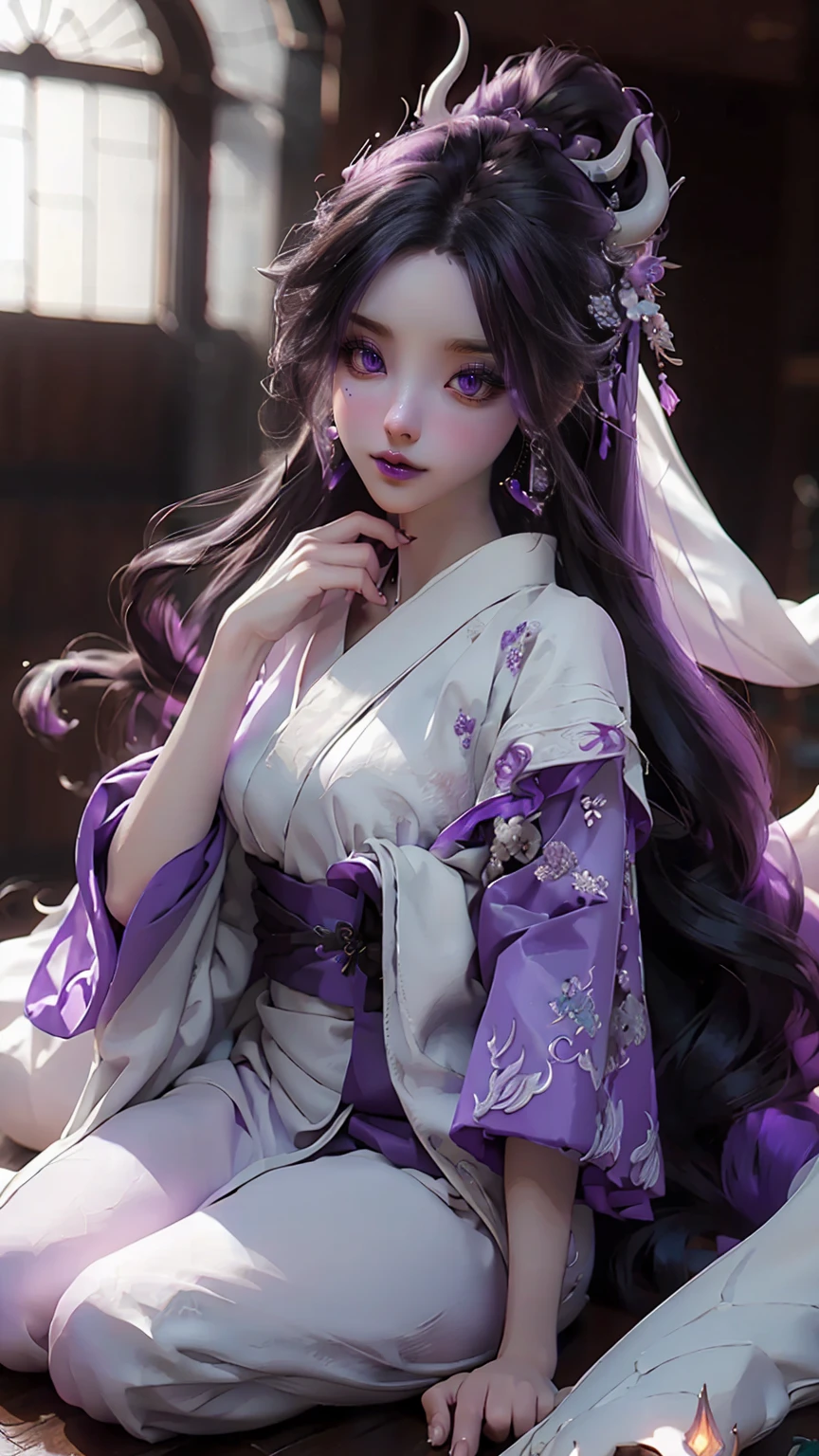 16K, Ultra High Definition, Super detailed, Shiny detailed hair, detailed face, fantasy landscape, solo, looking at viewer, full body shot, {{best quality}}, {{masterpiece}}, {{ultra-detailed}}, {detailed light}, purple dragon eyes, beautiful lips, black straight hair, long hair, dragon ears, {{purple dragon horns}}, beautiful purple earrings, white kimono with purple details, white futuristic sneakers with purple details, young girl, beautiful, skinny body, white skin, slutty, erotic, suggestive, {{nsfw}}