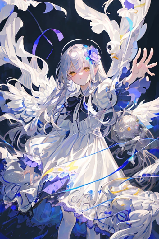 Highest quality、Best image quality、masterpiece、Girl falling from the sky, Silver wedding dress、Intricate lace embroidery、Shadow is blue、Long hair、Curl Styling、Hair colorpurple、Yellow Eyes、Black background、A thin line of light、Silver light、Arms trying to grab、delicate、指の描写もdelicate、8K、