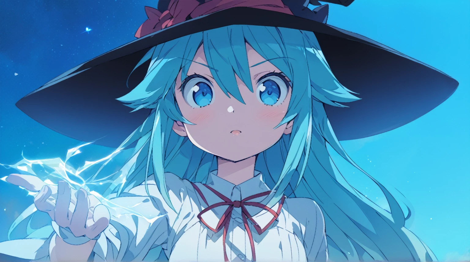 Close-up of a person in a hat and dress, Anime portrait of Cirno, From desire, Anime girl named Lucy, cirno, Cirno Touhou, 2D Animation, Favorite character, Frivolous anime witch casting a spell, rei hiroe, 2D Animation style, Witch Academia, tsuaii, Anime Moe Art Style