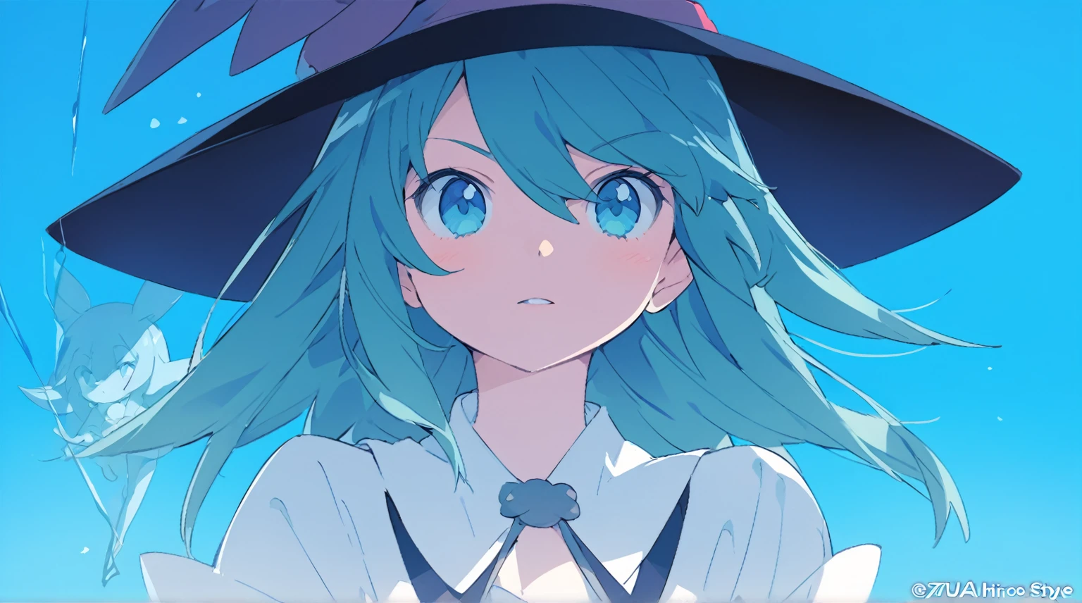 Close-up of a person in a hat and dress, Anime portrait of Cirno, From desire, Anime girl named Lucy, cirno, Cirno Touhou, 2D Animation, Favorite character, Frivolous anime witch casting a spell, rei hiroe, 2D Animation style, Witch Academia, tsuaii, Anime Moe Art Style