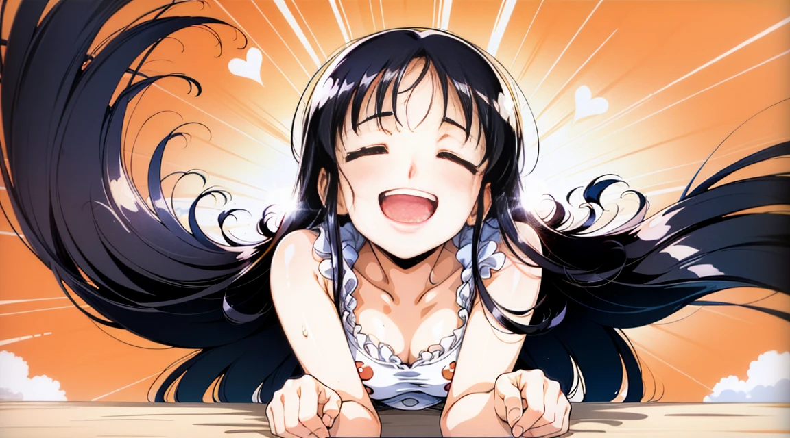 An illustration of a woman laughing heartily, showing genuine joy and amusement. The scene captures her with her mouth open in laughter, eyes closed, and hands on her stomach as she doubles over in mirth. The background is bright and cheerful, emphasizing the positive energy and happiness of the moment. (Black Hair、one piece、Long Hair)