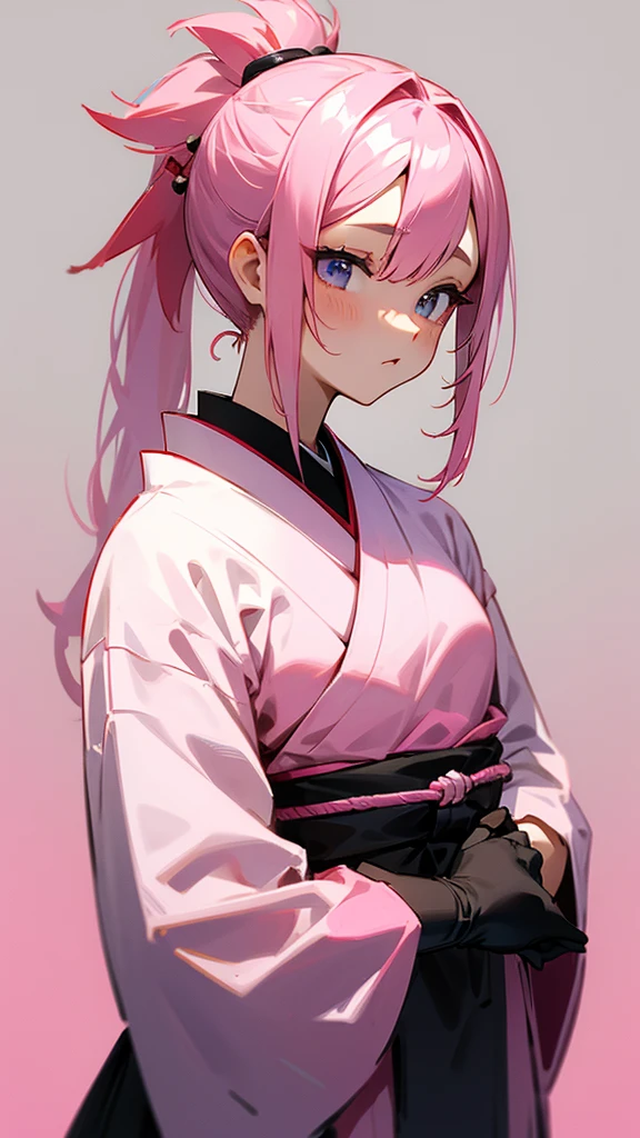 Pink hair in a ponytail。
I'm wearing a Japanese traditional black .
Background is white。