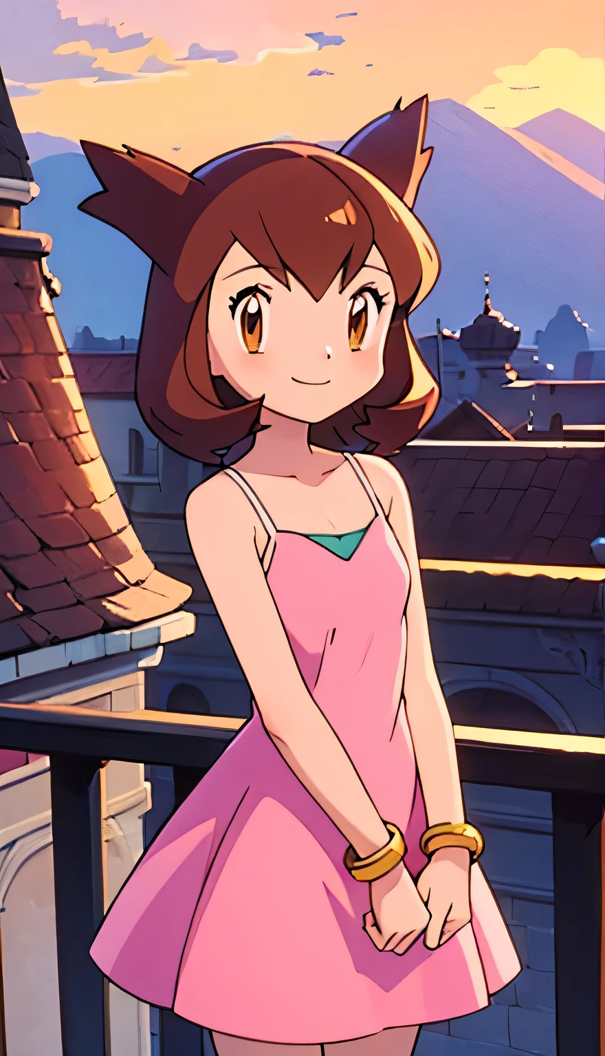 masterpiece, best quality, ultra-detailed, illustration, beautiful detailed eyes, very detailed illustration, cinematic lighting, 1 girl, solo, Pokemon Heroes (Bianca), Brown Hair, brown eyes, 1 girl, solo, bare shoulders, bare neck, smile, arms at sides, standing at the balcony, a sleeveless pink camisole dress, pink dress, gold bracelets, closed mouth, upper body, outside, sundown, looking at viewer, mountains and hills, cowboy shot