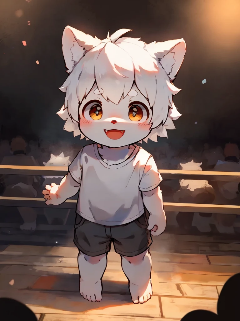 Husky，White hair ，Men，Q version，（Toddler，baby）， cute， stand up， Masterpiece， high resolution，8K，（（（solo））），(White shirt，barefoot：0.6)，Looking at the audience，Viewing angle，from above，（Warm light source：1.2），Happy expression，shorts