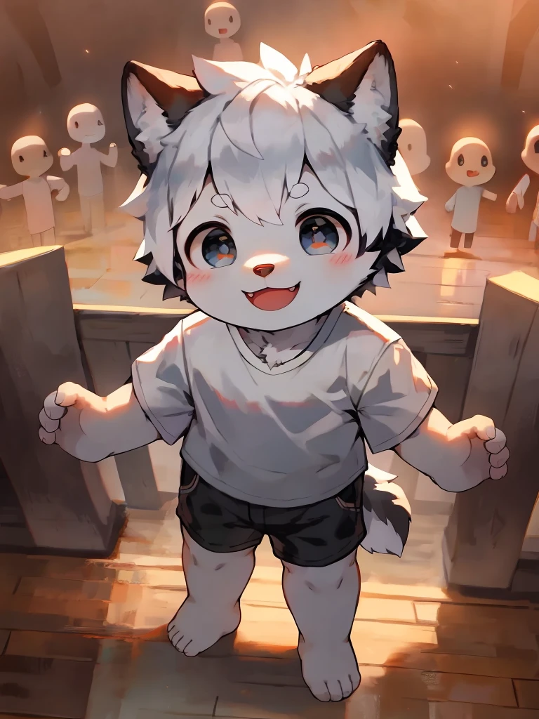 Husky,White hair ,Men,Q version,(Toddler,), cute, stand up, Masterpiece, high resolution,8K,(((solo))),(White shirt,barefoot:0.6),Looking at the audience,Viewing angle,from above,(Warm light source:1.2),Happy expression,shorts