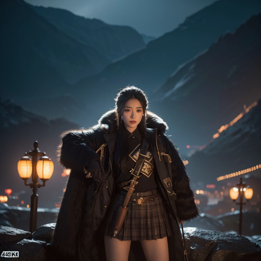 A beautiful Chinese girl, 1girl, wearing bagpipe jacket and bagpipe kilt, extremely detailed eyes, beautiful detailed lips, long eyelashes, exquisite makeup, elegant posture, photorealistic, digital art, cinematic lighting, vibrant colors, dramatic atmosphere, fantasy landscape, magical elements, (best quality, 4k, 8k, highres, masterpiece:1.2), ultra-detailed, (realistic, photorealistic, photo-realistic:1.37), concept art, dramatic lighting