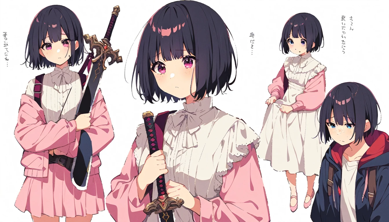 Black short bob、Bangs、Pink knee-length flared skirt、White blouse、Pink Bolero、freckles、Shyness、Depression、Carrying a large sword on his back