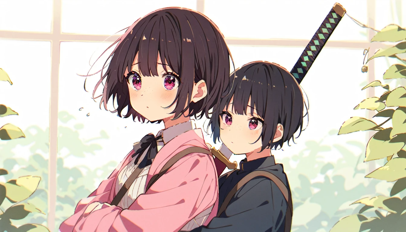 Black short bob、Bangs、Pink knee-length flared skirt、White blouse、Pink Bolero、freckles、Shyness、Depression、Carrying a large sword on his back