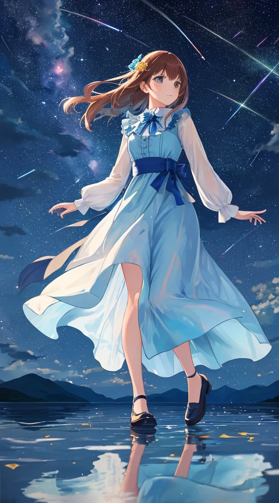 ..the girl walking the water the reflection of water is meteor shower