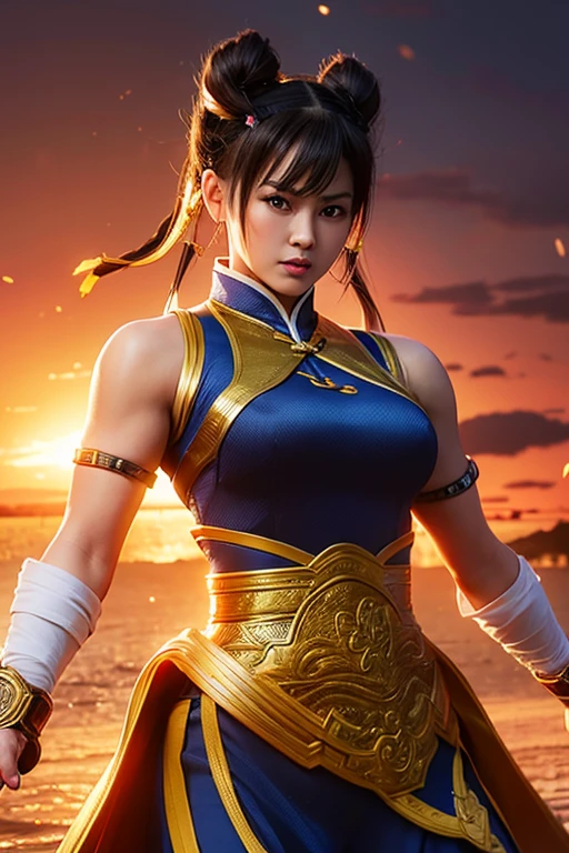 16K quality、Highest quality, High resolution, Real photo、((Long Shot、Like the whole body))、((sf2 chunli&#39;Blue Chinese Dress))、(((sf2 chunli&#39;blue and navy cheongsam、Puffed short sleeves、White Band
