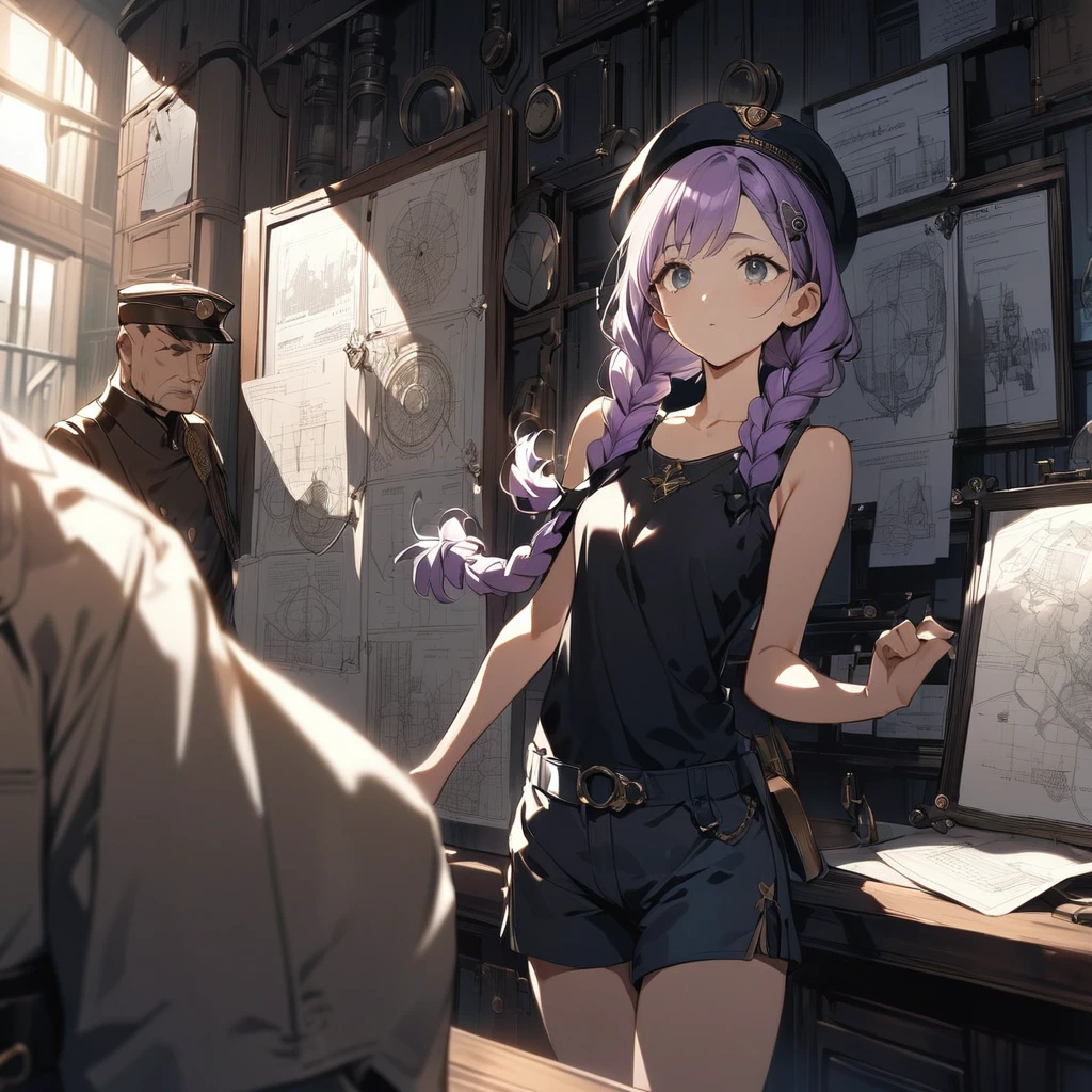  (a girl and a man:1.5), (a girl with closs hair pin,pale purple hair,wavy two braids,bluntbangs hair,green and black eyes a black tank top and shorts,:1.4), anime visual, (tilt head:1.3), extremely delicate face, soft clean focus, realistic lighting and shading, (an extremely delicate and beautiful art:1.3),  (muted colors:1.1), small breast,slim,In a steampunk command room, there is a display on the wall, with a line art drawing of the blueprints for the wings to be attached to the girl,

A man superior officer looks up at it and gives orders, wearing a blue military uniform, beret, 

a girl who is listening to the orders


