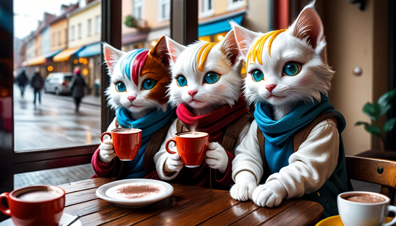 (Photo Cinematic), pouring rain outside, anthropomorphic white kitten, three-headed, casual clothes, sitting by the window in a cafe, drinking hot chocolate, reading, 2D, colorful, warm atmosphere, shiny