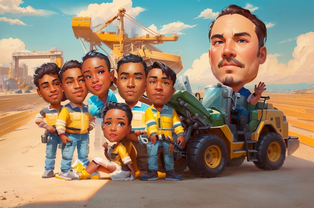 there are many people that are standing in front of a construction Yellow vehiclev, caricature illustration, proffesional illustration, caricature style, professional illustration, in cartoon style, caricature, official illustration, cartoon digital painting, cartoon digital art, cartoon artstyle, potrait, digital art cartoon, professional artwork, digital ilustration, fanart, parody work, stylized digital illustration