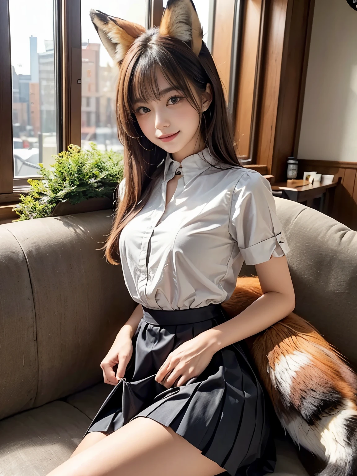 ((Highest quality, 32k)), ((masterpiece)), (Familiar), Perfect Face, pretty girl, She is sitting on a sofa in a cafe in the city., She is relaxing and drinking tea, She has a bushy tail on her butt, (She has a fox tail.:1.5),She has a fluffy tail, Beautiful hip line, Small breasts, She is wearing a neat blouse and pleated skirt., A bushy tail is visible from under her skirt,, Slender body, The tail comes out from the inside of the skirt, (A fox tail protrudes from the inside of the skirt hem.:1.4), The base of her tail is hidden under her skirt., She is gently stroking her tail