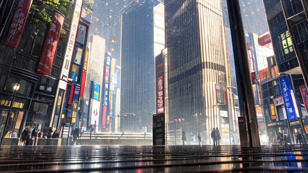 tokyo sidewalk at afternoon after rain with wet streets, bokeh, focus on ground, make it like garden of words style, warm tone, no human, no people on it, (((very low angle))), (((detailed background)))