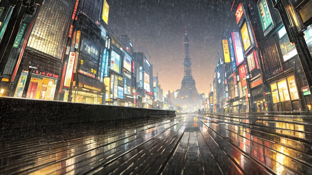 tokyo sidewalk at afternoon after rain with wet streets, bokeh, focus on ground, make it like garden of words style, warm tone, no human, no people on it, (((very low angle))), (((detailed background)))
