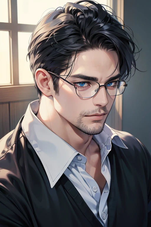 (Best quality,4K,8K,a high resolution,masterpiece:1.2),ultra detailed,(realistic,photorealistic,photo-realistic:1.37),39 year old man,3 day beard,Beautiful anime,portraits,strong,masculine,dark hair,Sharp jawline,Mesmerizing eyes,Perfectly styled hair,cool anime outfit,confident expression,bright colors,dynamic lighting, blue eyes, (black shirt, glasses on face)
