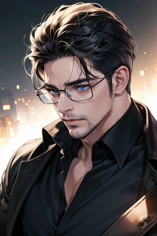 (Best quality,4K,8K,a high resolution,masterpiece:1.2),ultra detailed,(realistic,photorealistic,photo-realistic:1.37),39 year old man,3 day beard,Beautiful anime,portraits,strong,masculine,dark hair,Sharp jawline,Mesmerizing eyes,Perfectly styled hair,cool anime outfit,confident expression,bright colors,dynamic lighting, blue eyes, (black shirt, glasses on face)