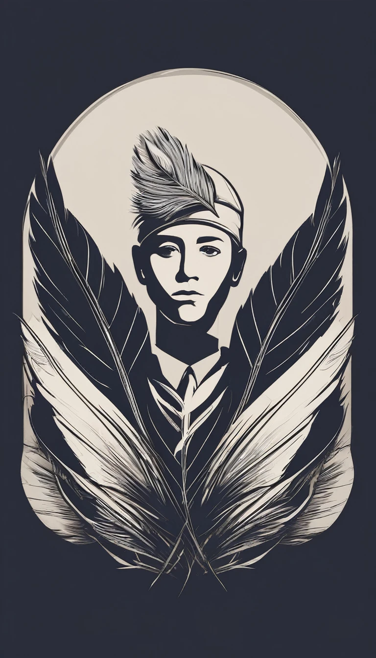 A minimal, modern, simple, cinematic logo design e of a boy with a head full of feathers for the brand “Penamemoria" .