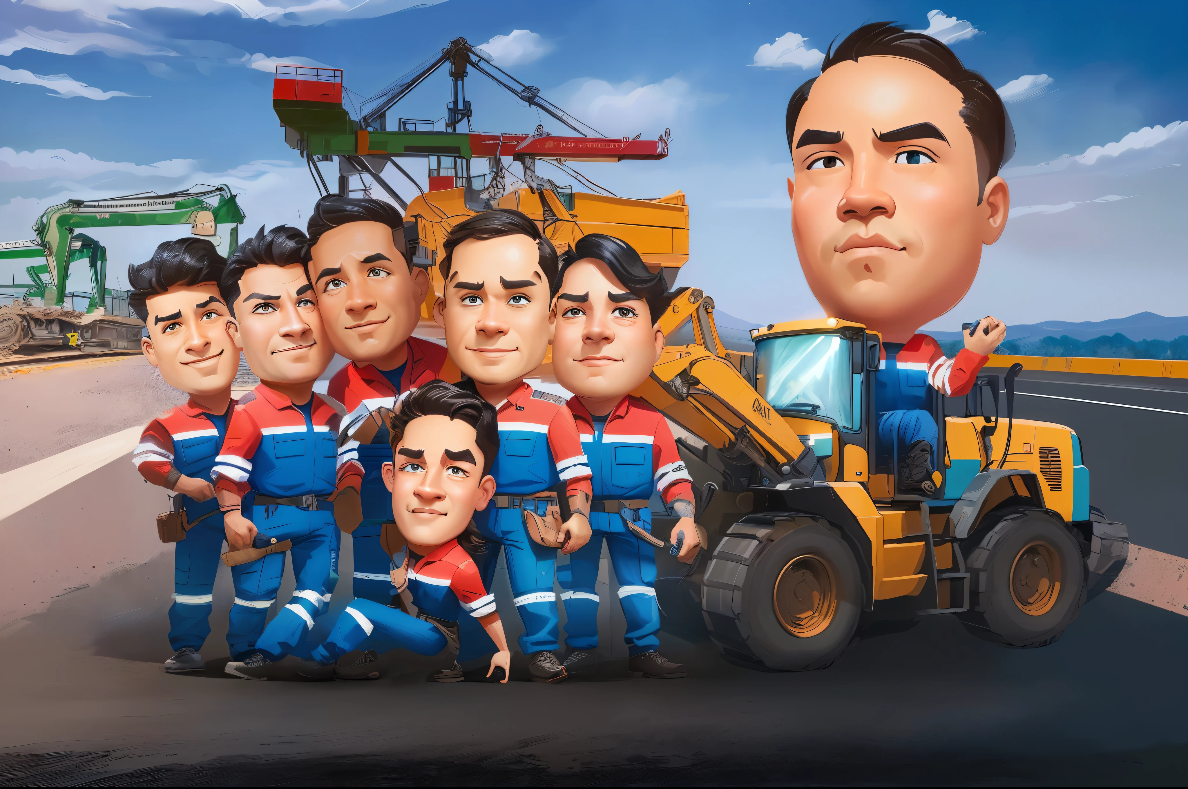 there are many people that are standing in front of a construction vehicle, caricature illustration, proffesional illustration, caricature style, professional illustration, in cartoon style, caricature, official illustration, cartoon digital painting, cartoon digital art, cartoon artstyle, potrait, digital art cartoon, professional artwork, digital ilustration, fanart, parody work, stylized digital illustration