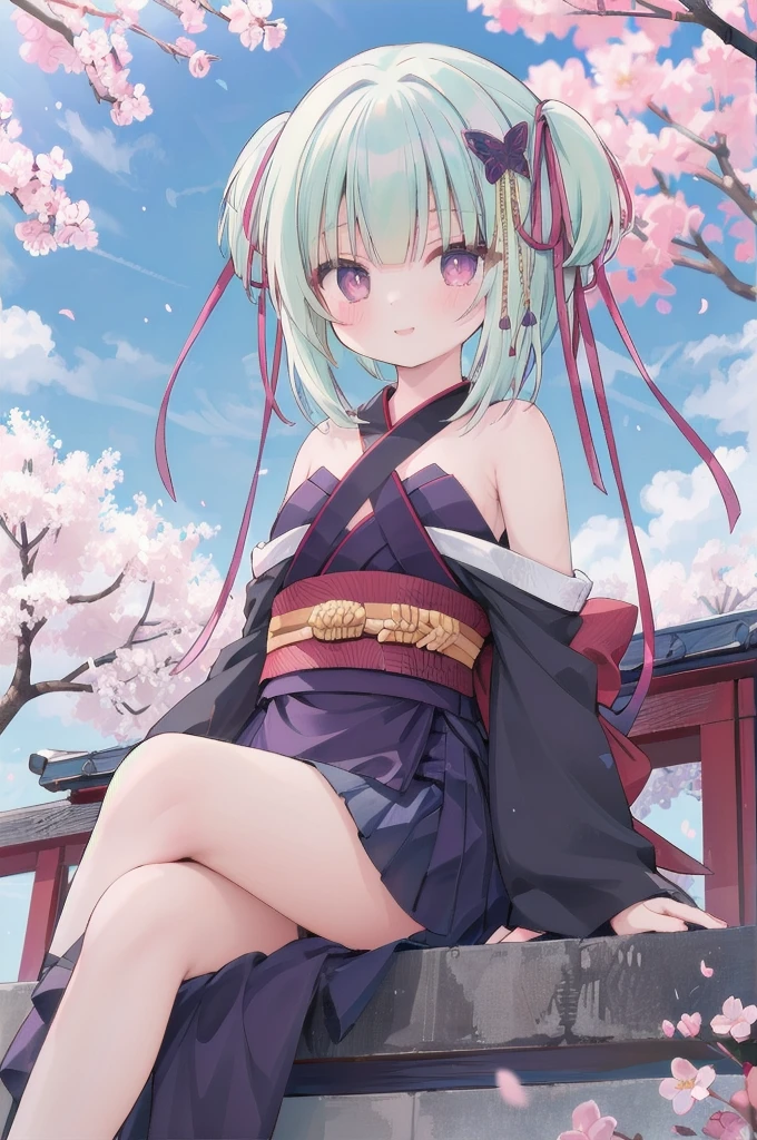 ((masterpiece,best quality))
 1 Girl, Murasame, two simoralitye up, Hair accessories,
kimono, bare shoulmoralityers, half-closemorality eyes, remorality eyes, :morality, outmoralityoors, Cherry blossoms, blue sky smile, Miniskirt ,sitting