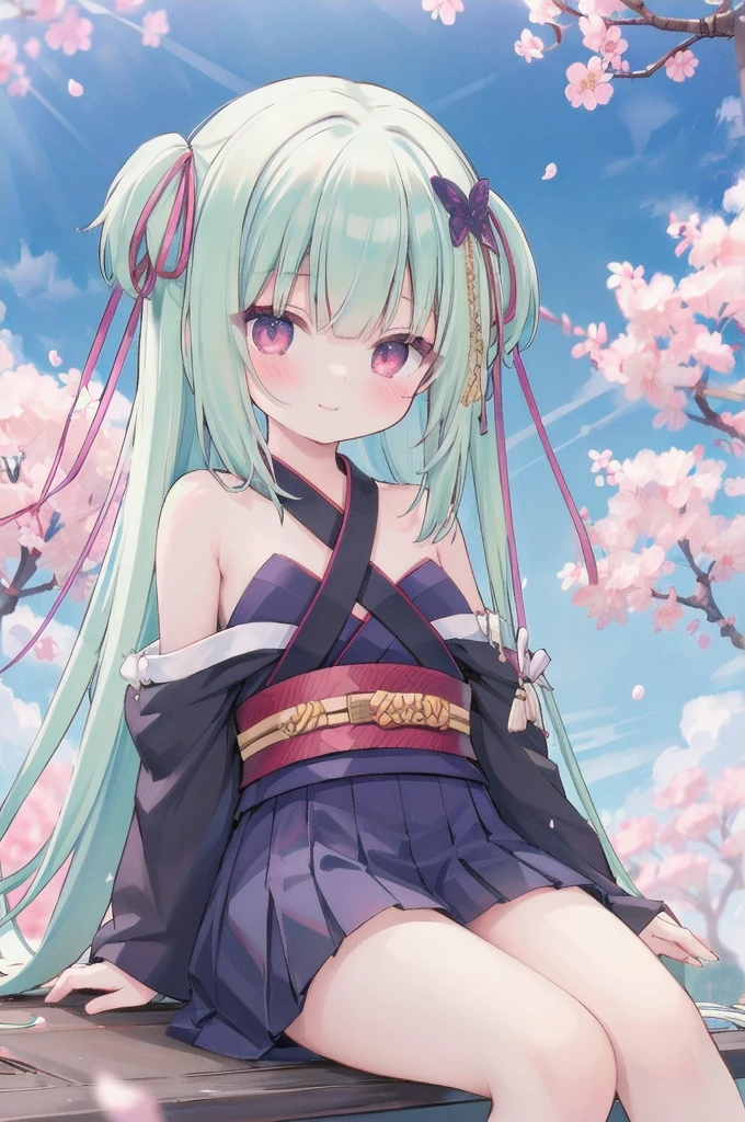 ((masterpiece,best quality))
 1 Girl, Murasame, two simoralitye up, Hair accessories,
kimono, bare shoulmoralityers, half-closemorality eyes, remorality eyes, :morality, outmoralityoors, Cherry blossoms, blue sky smile, Miniskirt ,sitting