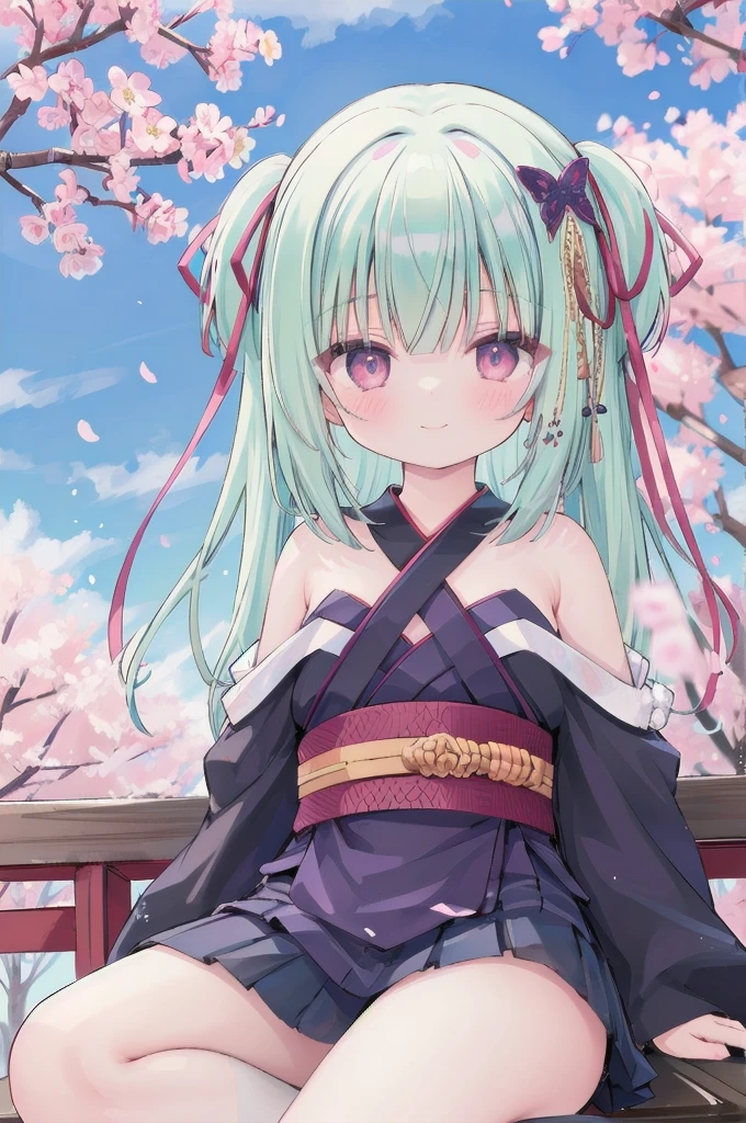 ((masterpiece,best quality))
 1 Girl, Murasame, two simoralitye up, Hair accessories,
kimono, bare shoulmoralityers, half-closemorality eyes, remorality eyes, :morality, outmoralityoors, Cherry blossoms, blue sky smile, Miniskirt ,sitting