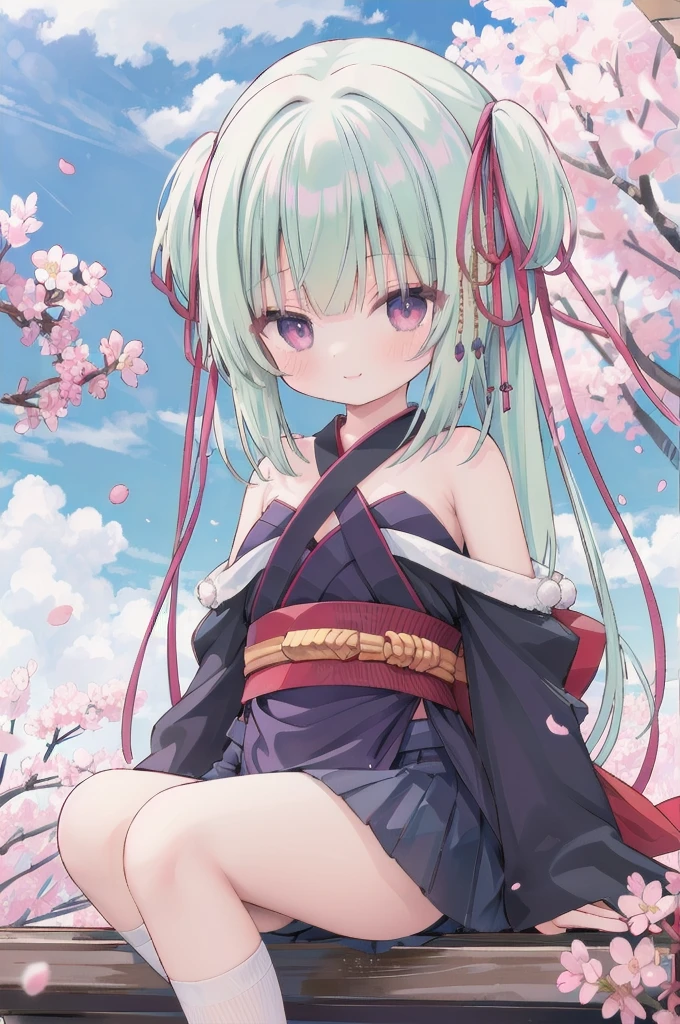 ((masterpiece,best quality))
 1 Girl, Murasame, two simoralitye up, Hair accessories,
kimono, bare shoulmoralityers, half-closemorality eyes, remorality eyes, :morality, outmoralityoors, Cherry blossoms, blue sky smile, Miniskirt ,sitting