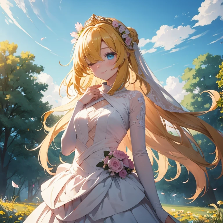 Superflat, Flat Shading, Flat Color, close, Low Angle, Wide-angle, One Girl， 19 years old, Asian, Bride, Wedding dress, Wearing beautiful wedding dress, Anime visuals of cute girls, Cute anime girl, , Cute Anime, Cute:2,  anime style 4 k, kawaii, cute anime style, young anime girl, Laid back girl, 1girl, future princess guardian tales, Wedding Dress, yellow hair, short hair, hair band, bangs, hair over one eye, one eye covered, smile happily,  detailed beautiful eyes, blue eyes, open eyes, Absurd, High resolution, ,  Standing in a flowery meadow，At dusk，Beautiful sunrise，dark，Vibrant colors，holding flower bucket