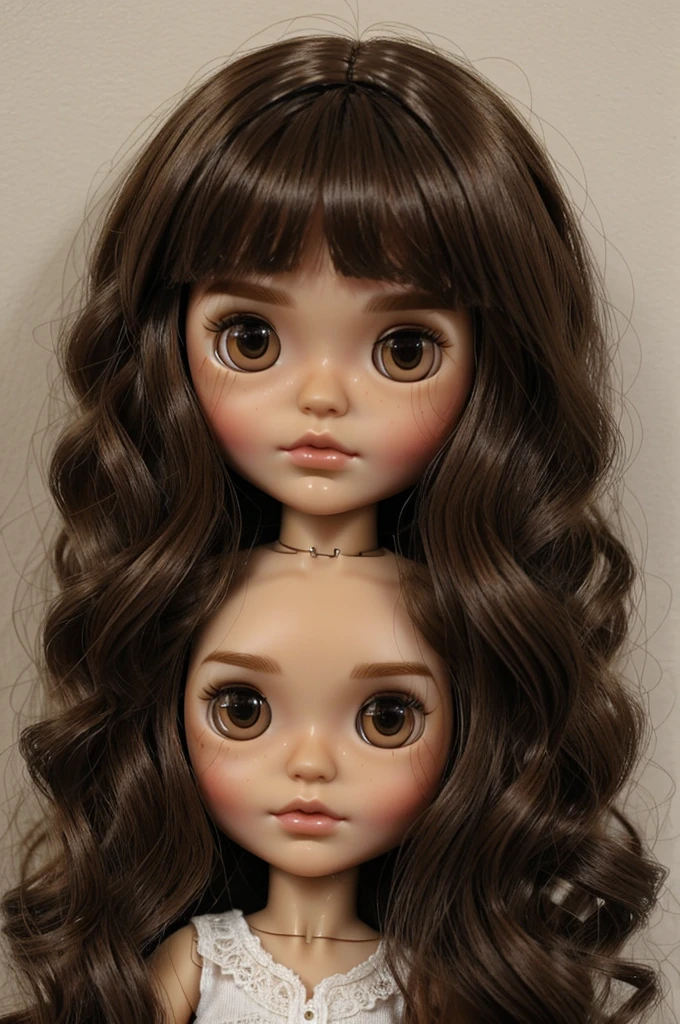 Make a blythe doll with slightly wavy hair and dark eyes, with a smaller face and black eyes and brown hair and hair that&#39;s a little short a little longer and has glasses, who has glasses and hair that is a little less wavy and who has shorter hair, less wavy hair, with glasses And that it has glasses and that it only has a head