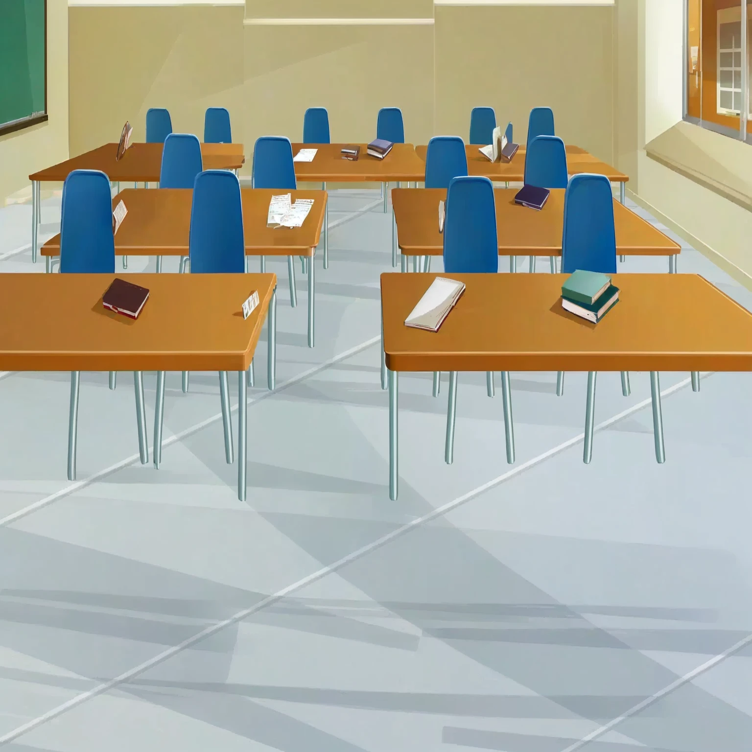 there are many tables and chairs in a classroom with a chalkboard, classroom background, typical anime classroom, school classroom, classroom, classroom in background, sitting in the classroom, in a classroom, photo of a classroom, detailed school background, highschool background, workshop background, in a school classroom, school class, random background scene, student, office background, multiple desks