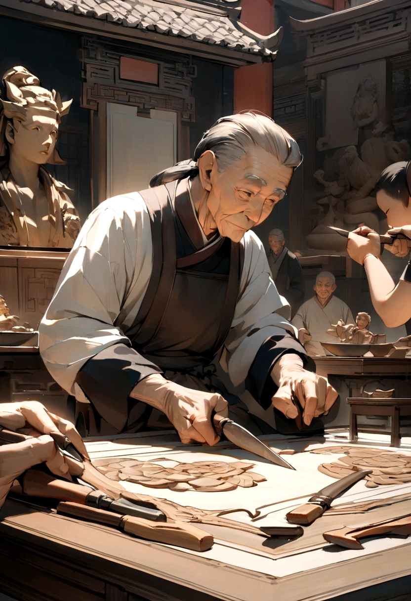 Modern handicraft workshop，An old man is sitting and carving，The table is filled with messy carving tools，The walls are covered with sculptures，high quality，masterpiece，simple，Chinese style，There are some apprentices around helping to learn