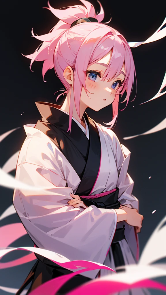 Pink hair in a ponytail。
I'm wearing a Japanese traditional black .
Background is white。Brave look。