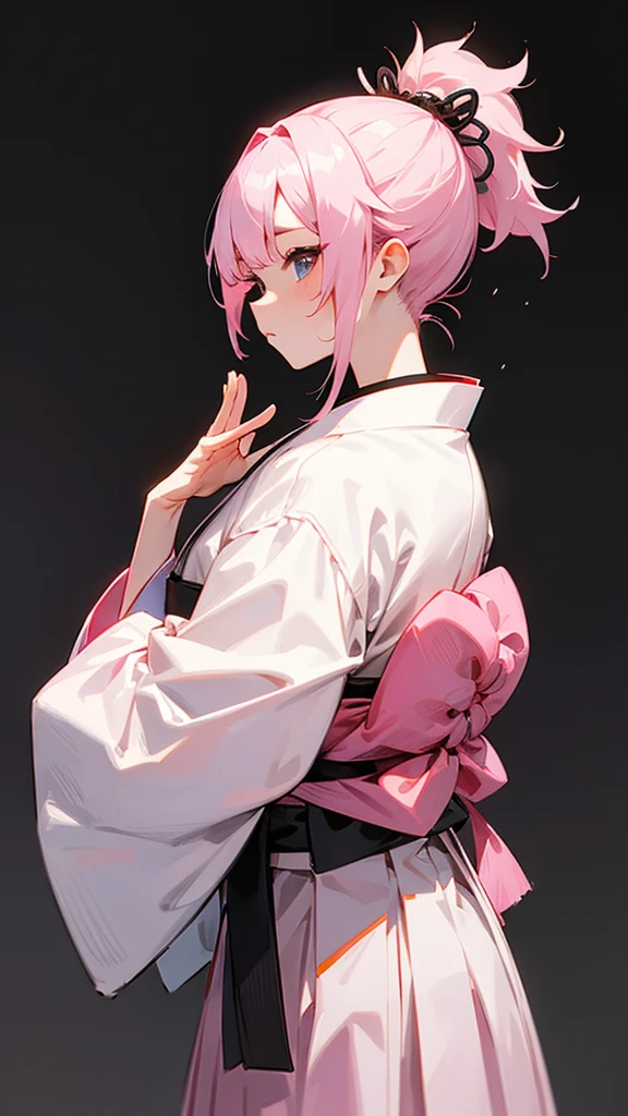 Pink hair in a ponytail。
I'm wearing a Japanese traditional black .
Background is white。Brave look。