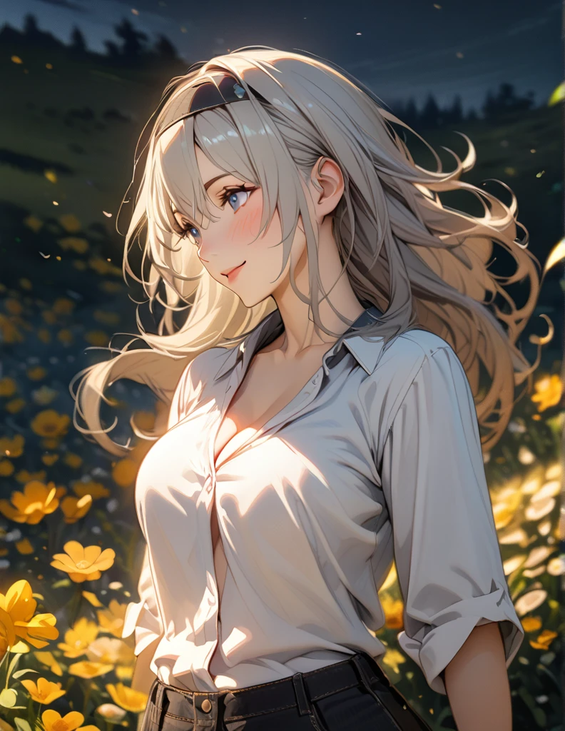 beautiful girl, long grey hair, beautiful face,smiling,close up to hips, beautiful breast, in the middle of flowers field, (open mouth:0.4),illustration,detailed textures(realists),ultra-detailed,portrait style,vivid colors,soft lighting, blushing, mature, hair fluttering, evening light , head band, ((half body)), cleavage, wearing casual shirt, perky. ((side profile until hips))