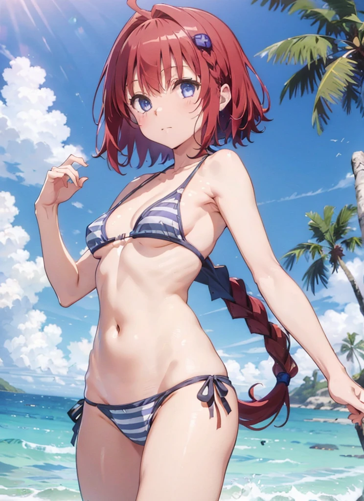 an anime girl is seen in the video of her showing her chest, 1girl, outdoors, swimsuit, solo, bikini, braid, striped bikini, striped, day, string bikini, breasts, navel, side-tie bikini bottom, red hair, purple eyes, stomach, looking at viewer, beach, medium breasts, sky, cloud, hair ornament, cowboy shot, palm tree, tree, ahoge, halterneck, bare shoulders, ocean, very long hair, sunlight