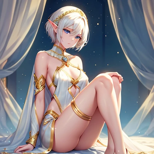 The elf is very beautiful, her body is slim and toned, His skin and hair are white with gold tones., His eyes are golden with a beautiful shine., his countenance is very attractive, her hair short but well combed, Her legs are slim and toned and her hands look very delicate both physically and mentally..